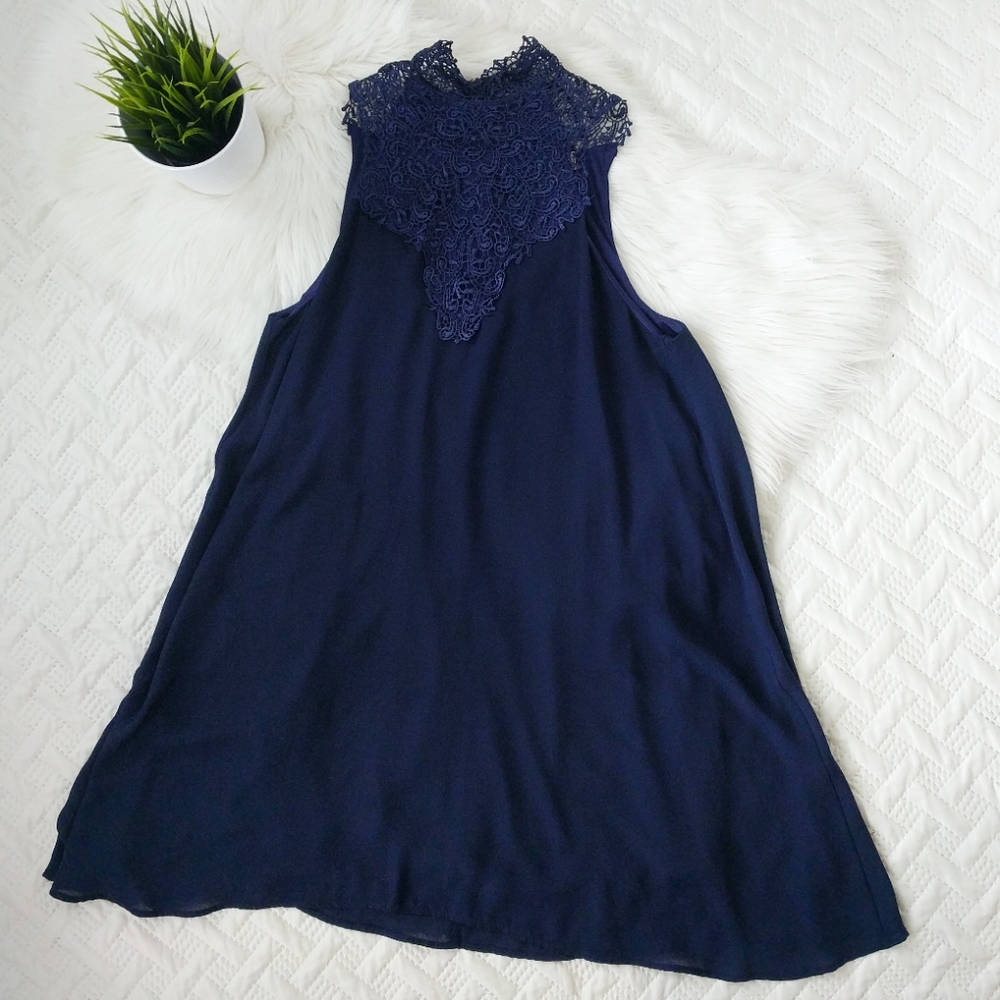 {Altar'd State} Navy High Lace Neck Trapeze Dress